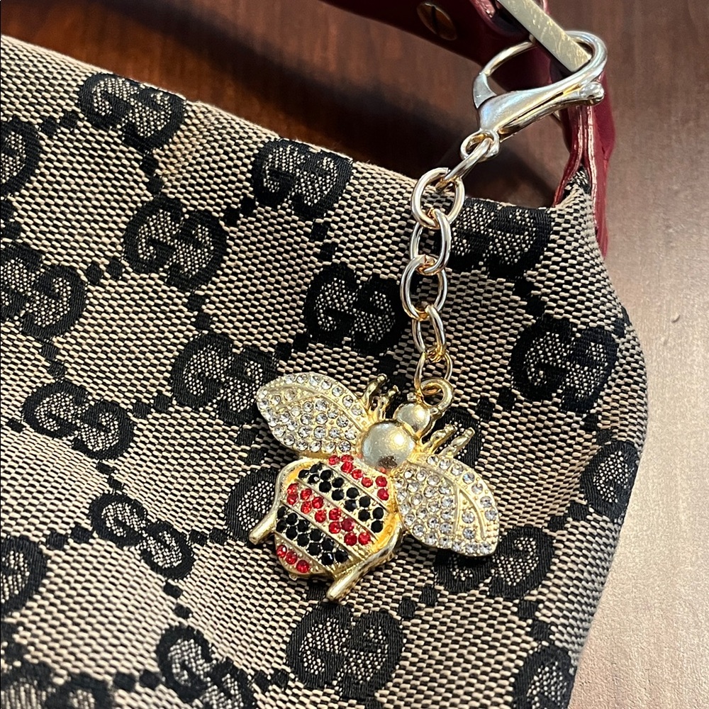 Bumblebee Bee Gold Bag Charm Keychain with Black & Red Rhinestones